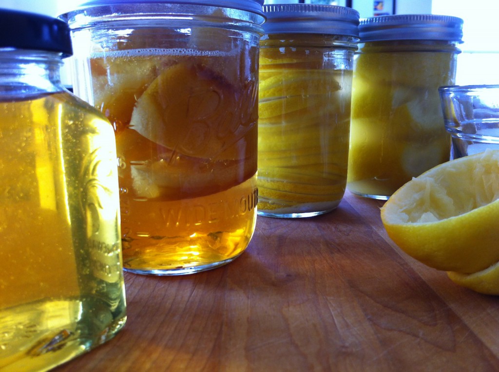 Jar one is left over syrup, jar two is the candied lemons. Now all I have to do it wait. 