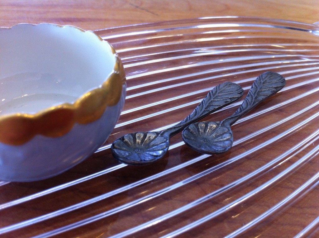 Lalique style dish, gilded edge salt cellar and the sweetest salt spoons ever!