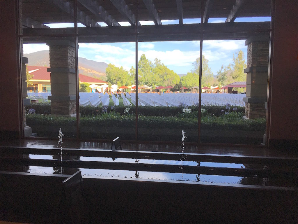 The lobby overlooking the mountains - and a million little white chairs!